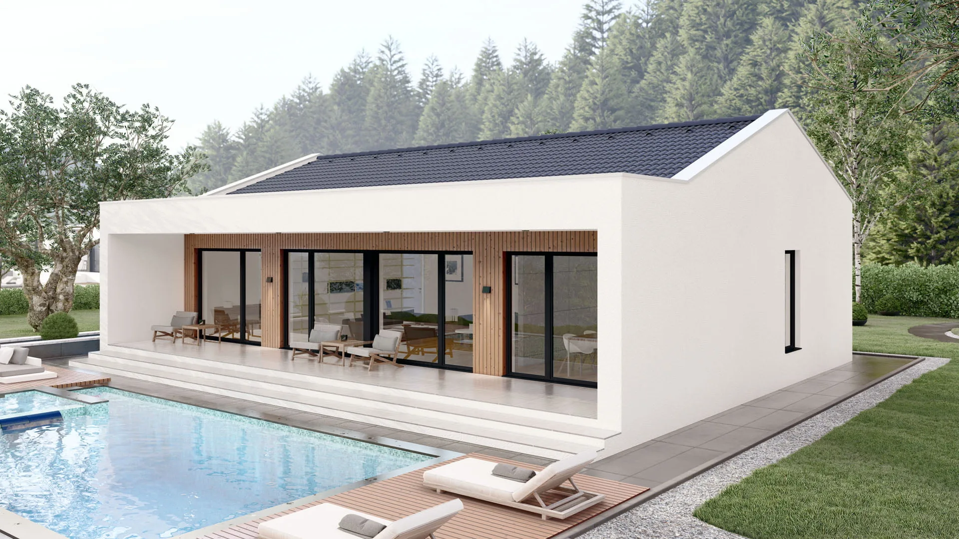 Prémiová moderní dřevostavba Amadeus Home s plochou střechou v podvečerním světle